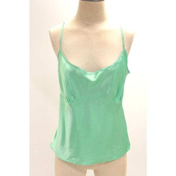 California Dynasty Tops - Y2K Green Satin Slip Tank Top Large Babydoll Fairy Coquette Whimsy Vintage